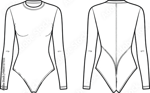 Vector Flat Template of Women's Long Sleeve Bodysuit with Crew Neck and Back Seam Detail — Front and Back Fashion Technical Sketch