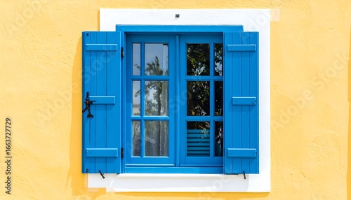 Colorful Mediterranean window with blue shutters set against a yellow wall