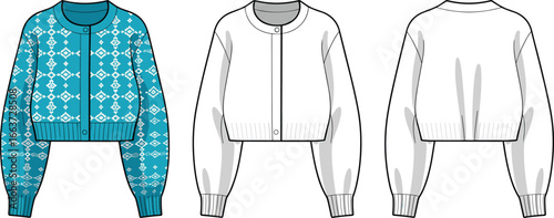 Cropped patterned cardigan, knitted sweater, long sleeve, button closure, geometric design, ribbed cuffs, casual wear, women's fashion, trendy outerwear, cozy knit, cad 