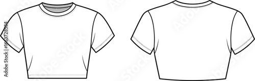 Cropped short sleeve t-shirt, flat fashion sketch, front and back views, clothing outline vector, technical drawing template, apparel design, tee shirt CAD illustration, graphic style mockup