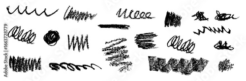 Set of vector freehand black strokes featuring bold thick smears, curl and swirl waves, scratchy traces, and pop decorative scrawls. Chalkboard stain effect adds a creative rough handmade touch.