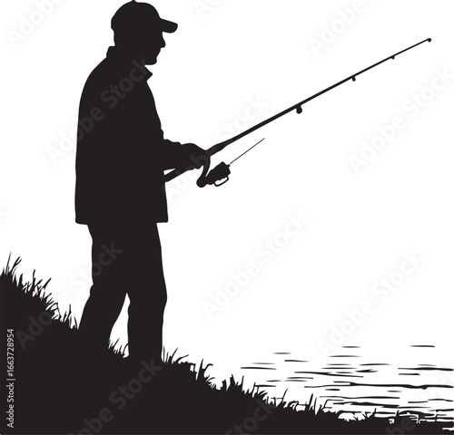 Silhouette of a man fishing on a grassy bank by the water lake