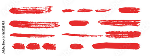 Collection of red acrylic brush strokes with dirty blot stains. Isolated silhouettes in monochrome style, ideal for grunge graffiti, strikethrough text, or print templates. Vector illustration