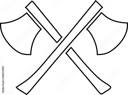 Crossed axe outline vector illustration, suitable for hunting icons, camping club logos, woodworking emblems, and survival gear branding.