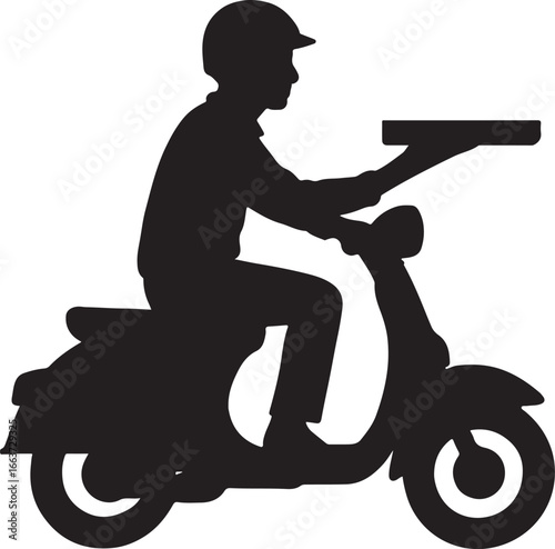 Black silhouette of a person wearing a helmet riding a scooter and holding a pizza box pizza delivery
