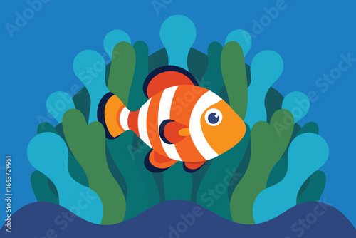 Clownfish swimming in the sea with coral reef, a cute cartoon illustration of underwater marine life