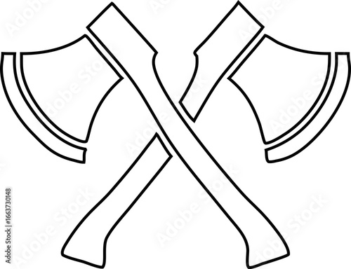 Minimal outline crossed axes icon in black, ideal for rustic outdoor designs, hunting graphics, camping badges, and survival logos.