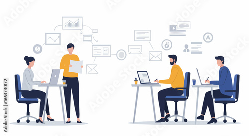 Productive Business Team Collaborating and Working on Laptops in a Modern Open-Plan Office