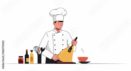 Professional male chef preparing food with a knife and serving a dish in a clean kitchen, isolated white background.