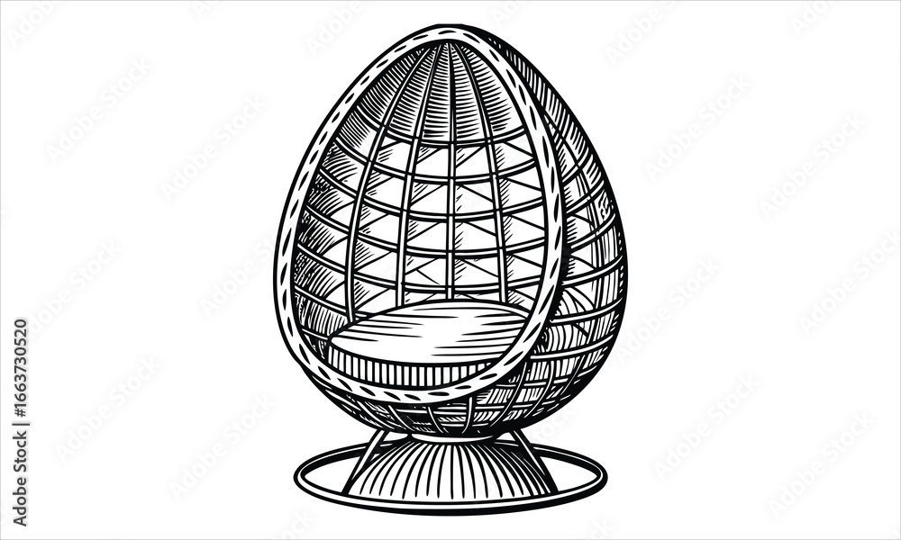 Obraz premium A woven wicker egg-shaped hanging chair vector t shirt design silhouette and vector line art, High-Quality Illustration, Ideal for Stress Relief, Printable Art, Mindfulness, Coloring.