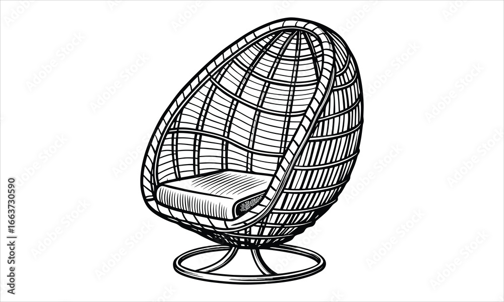 Fototapeta premium A woven wicker egg-shaped hanging chair vector t shirt design silhouette and vector line art, High-Quality Illustration, Ideal for Stress Relief, Printable Art, Mindfulness, Coloring.
