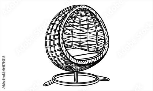 A woven wicker egg-shaped hanging chair vector t shirt design silhouette and vector line art, High-Quality Illustration, Ideal for Stress Relief, Printable Art, Mindfulness, Coloring.
