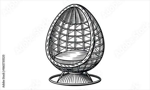 A woven wicker egg-shaped hanging chair vector t shirt design silhouette and vector line art, High-Quality Illustration, Ideal for Stress Relief, Printable Art, Mindfulness, Coloring.