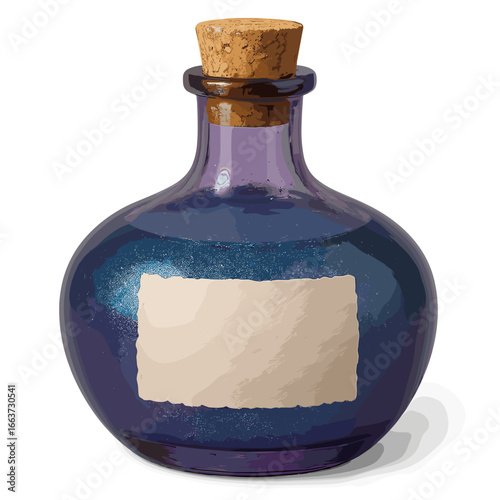 Purple glass bottle with cork stopper and blank label for labeling  