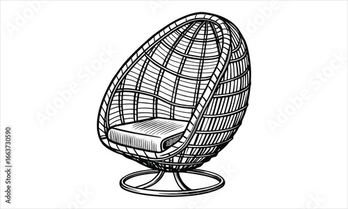 A woven wicker egg-shaped hanging chair vector t shirt design silhouette and vector line art, High-Quality Illustration, Ideal for Stress Relief, Printable Art, Mindfulness, Coloring.