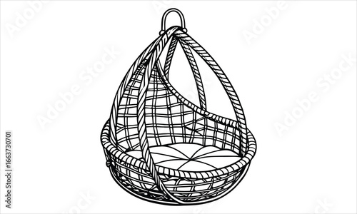 A woven wicker egg-shaped hanging chair vector t shirt design silhouette and vector line art, High-Quality Illustration, Ideal for Stress Relief, Printable Art, Mindfulness, Coloring.
