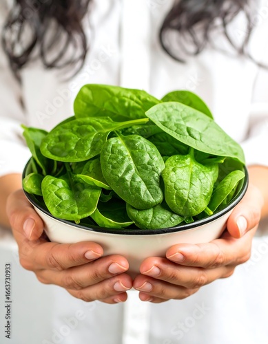 Fresh spinach in a bowl held by hands (1)
