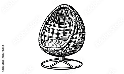 A woven wicker egg-shaped hanging chair vector t shirt design silhouette and vector line art, High-Quality Illustration, Ideal for Stress Relief, Printable Art, Mindfulness, Coloring.