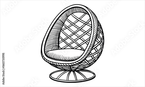 A woven wicker egg-shaped hanging chair vector t shirt design silhouette and vector line art, High-Quality Illustration, Ideal for Stress Relief, Printable Art, Mindfulness, Coloring.