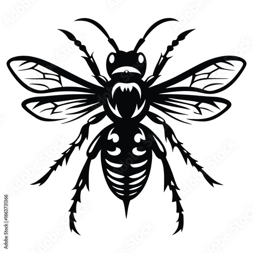 Stylized wasp silhouette with menacing fangs and intricate wing patterns illustration