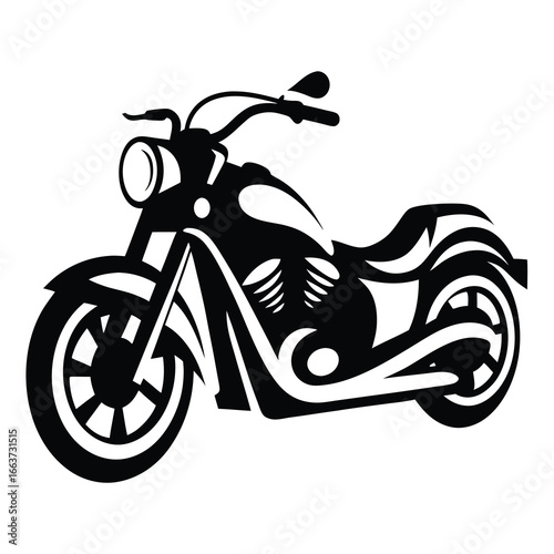 Bold graphic illustration of a classic motorcycle in black and white