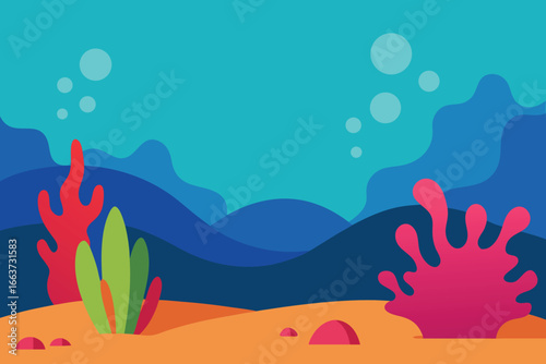 An underwater landscape featuring coral reefs, sand, and bubbles, creating a serene and inviting scene of the deep ocean environment