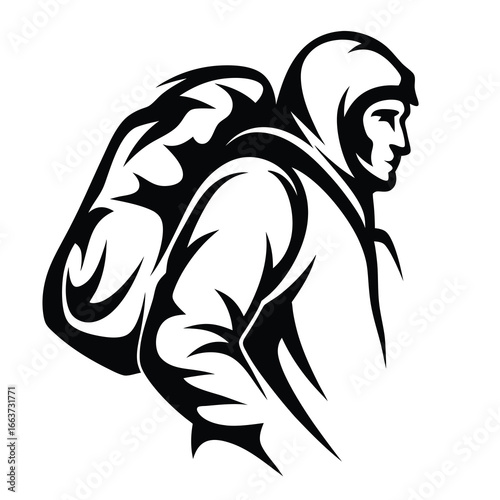 Mountaineer with large backpack side profile silhouette vector illustration design