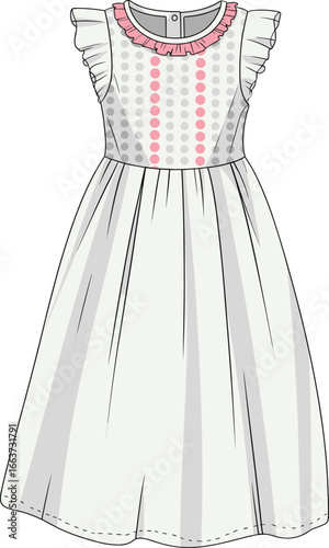Cute girls dress colorful, ruffle sleeves, polka dot pattern, white flowy skirt, pink neckline, CAD fashion illustration, kids wear, flat vector