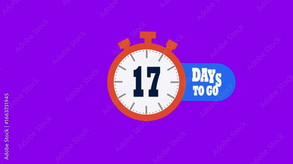 Animated countdown timer showing 17 days to go, isolated on white and orange screen and violet background. Animated countdown timer showing 17 days to go, isolated on white and orange screen and violet background.