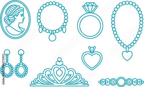 Turquoise Outline Jewelry Collection Cameo Ring Tiara Necklace Earrings Icons
