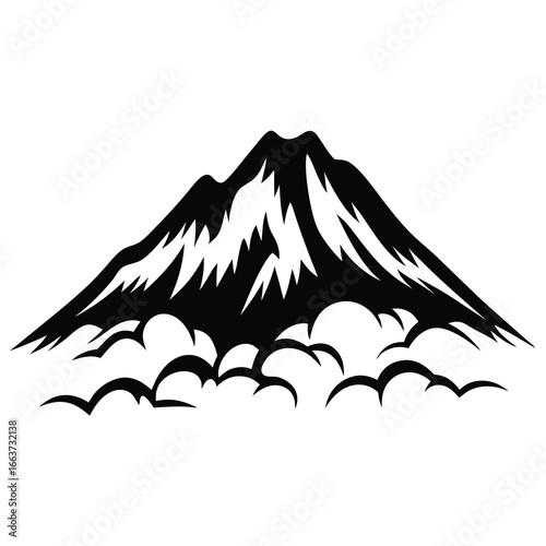 Dramatic and stark black and white mountain peak silhouette with clouds