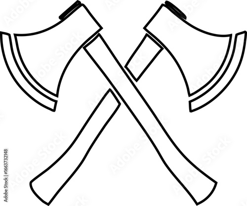 Crossed axes outline illustration, suitable for rustic forestry logos, outdoor adventure emblems, hunting symbols, and camping badge designs.
