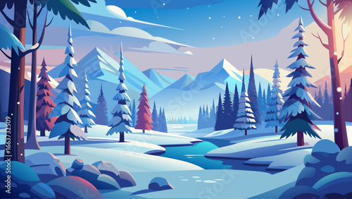 Frosty winter landscape in snowy forest. Christmas background with fir trees and blurred background of winter.