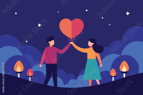A couple holding a heart shaped balloon under the starry night sky, surrounded by glowing lanterns, celebrating love and romance on valentines day