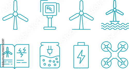 Turquoise Renewable Energy Icons Wind Turbines, Drone, Battery on White