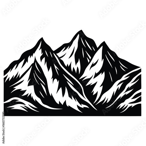 Black and white vector illustration of majestic mountain range silhouette design