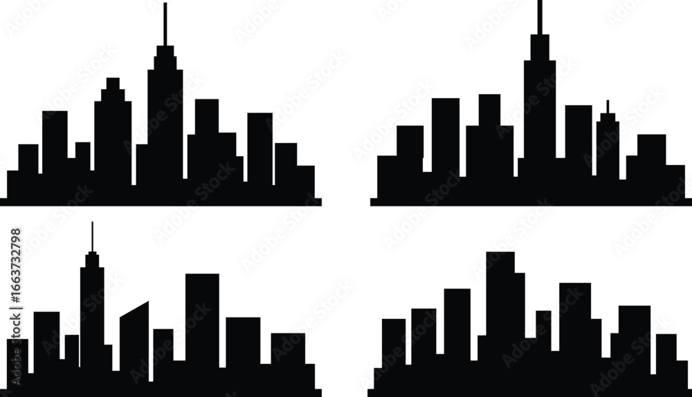 Obraz premium City skyline silhouette collection with modern urban buildings and skyscraper outlines for architecture and real estate design