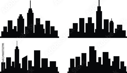 City skyline silhouette collection with modern urban buildings and skyscraper outlines for architecture and real estate design