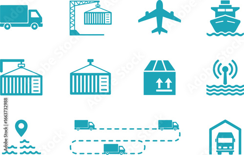 Turquoise Logistics Icons Trucks, Containers, Airplane, Ship, Route on White Background