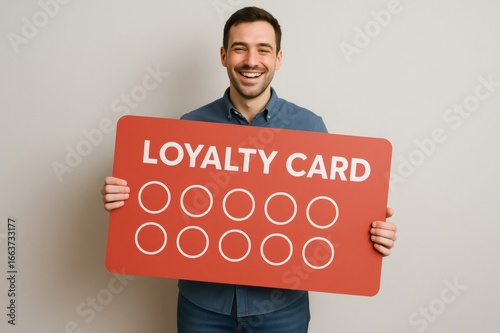 Happy man displaying a large loyalty card adorned with empty stamps, eagerly anticipating the rewards to come