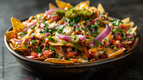 Pulled Pork Nachos Recipe: Delicious Food Photography of Melted Cheese, Tortilla Chips, and Toppings
