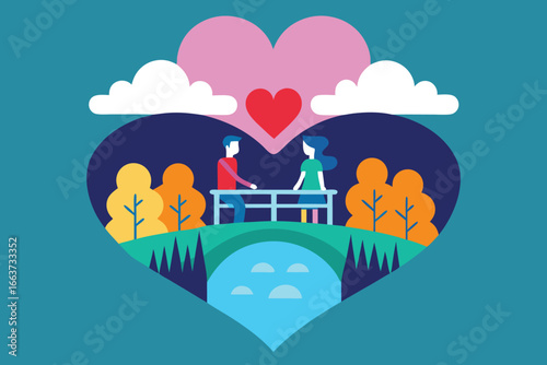 A couple in love is standing on a bridge in a park, with a heartshaped background, creating a romantic and sweet scene for valentines day