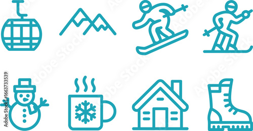 Winter Holiday Blue Icon Set Snowboarder, Skier, Mountain, Gondola, Snowman, Boot