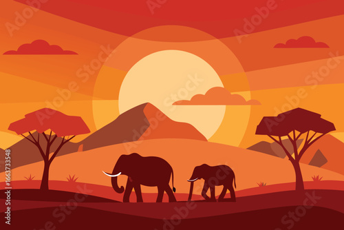 A majestic african landscape features elephants silhouetted against a vibrant sunset, capturing the essence of wildlife and the beauty of nature