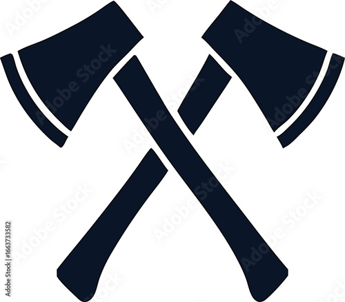 Simple crossed axes black vector symbol on white background, perfect for lumberjack themes, camping badges, hunting icons, and outdoor adventure branding.