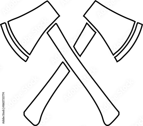 Outline crossed axes black vector icon, ideal for lumberjack themes, medieval warrior logos, outdoor badges, survival gear, and camping branding.