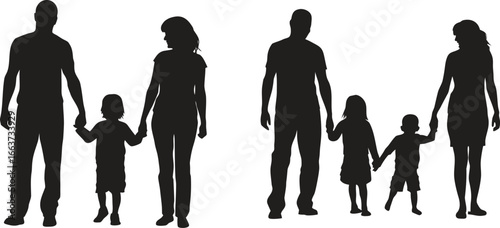 Parents walking with their children silhouette vector set. children, different poses and interactions, walking and holding hands, isolated on white background