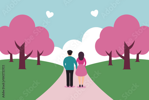 A couple strolls through a park with cherry blossom trees, symbolizing love, romance, and togetherness in a beautiful and serene setting