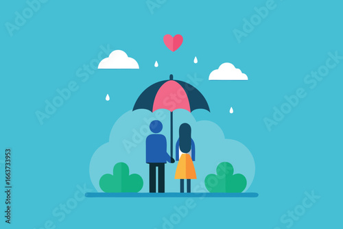 A couple stands under an umbrella in the rain, symbolizing love, protection, and togetherness in a romantic relationship with a heart above them