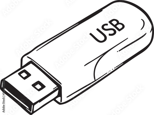 A simple, black and white, hand-drawn illustration of a USB flash drive.